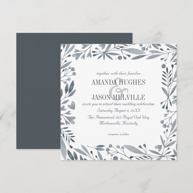 Silver Botanical | Floral wedding | Square | Invitation (Front/Back)