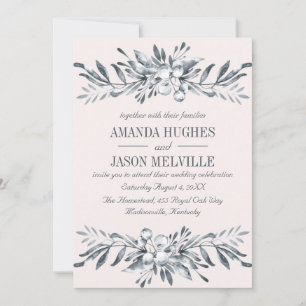 Silver Botanical   Floral wreath wedding PINK Invitation