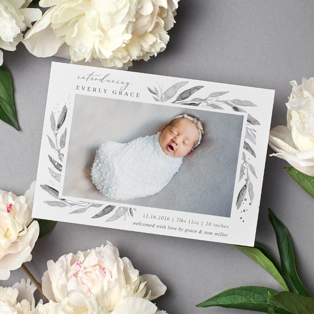Silver Botanical | Foil Birth Announcement (Creator Uploaded)