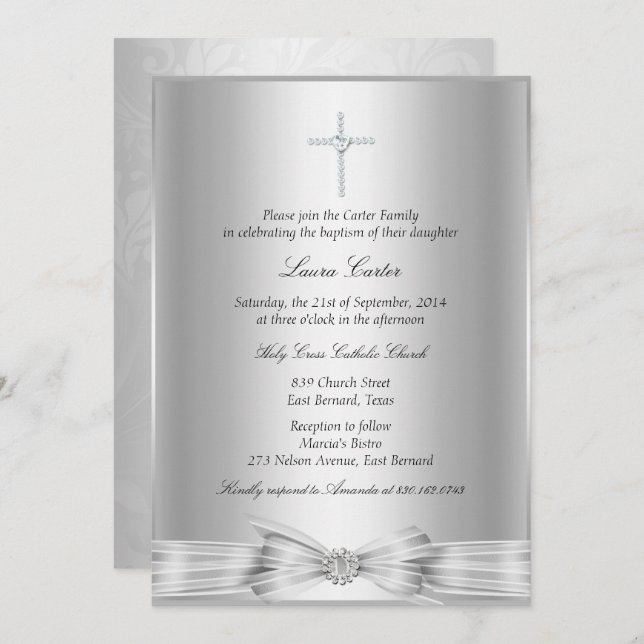 Silver Bow Cross Baptism/Christening Invitation (Front/Back)
