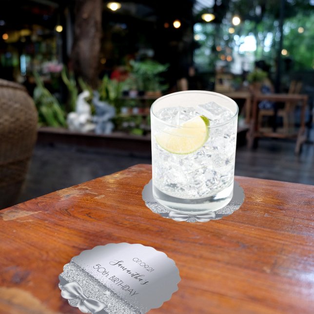 Silver bow elegant birthday party paper coaster (Creator Uploaded)