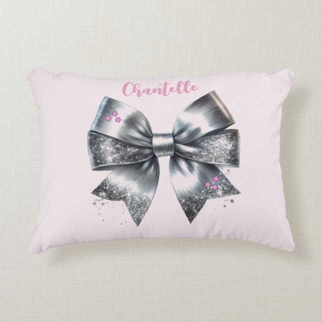 Silver Bow Faux Glitter Personalised Decorative Cushion (Front)