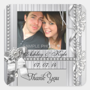 Silver Bow Photo Thank You Wedding Labels