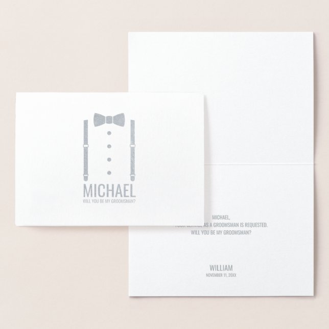 Silver Bow Tie Personalised Groomsman Proposal Foil Card (Display)