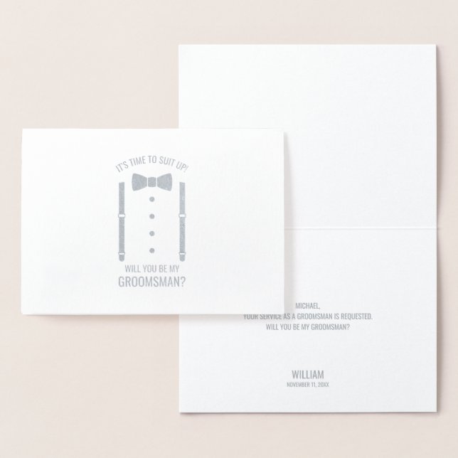 Silver Bow Tie Personalised Groomsman Proposal Foil Card (Display)