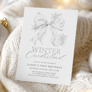 Silver Bow Winter Onederland 1st Birthday Invitation