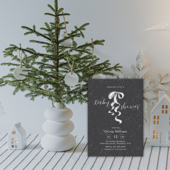 Silver Bow Winter Snow Dark Grey Baby Shower Invitation (Silver Bow Winter Snow Dark Grey Baby Shower Invitation)