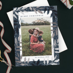 Silver Branches Merry Christmas 3 Photo Holiday Card