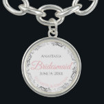 Silver Bridesmaid Charm Bracelet Wedding Favour<br><div class="desc">These charm bracelets are designed to give as favours to bridesmaids in your wedding party. Designed to coordinate with our Pink & Grey Elegant Wedding Suite, they feature a simple yet elegant design with a white background, Pink & Grey, and a silver faux foil floral border. Perfect way to thank...</div>