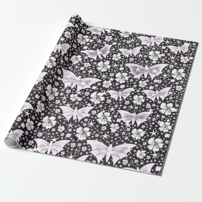silver,bright, shiny, butterflies, exclusive wrapping paper (Unrolled)