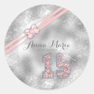 Silver Brocade Fifteenth Birthday Rose Gold ID382 Classic Round Sticker