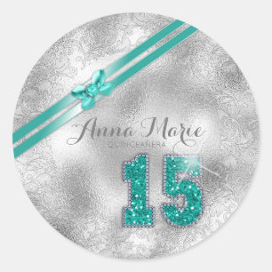 Silver Brocade Fifteenth Birthday Teal ID382 Classic Round Sticker