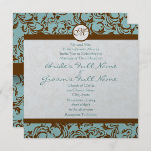 Silver Brown Damask Aqua Blue Wedding Invitation