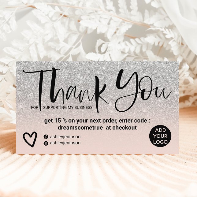 Silver brush font blush pink order thank you business card (Creator Uploaded)