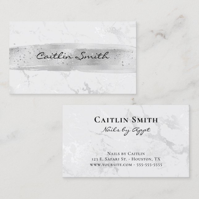 Silver Brush Stroke Silver White Foil Marble Business Card (Front/Back)