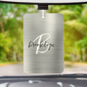Silver Brushed Metal Black White Script Monogram Car Air Freshener