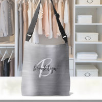 Silver Brushed Metal Black White Script Monogram