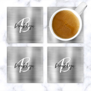 Silver Brushed Metal Black White Script Monogram  Glass Coaster