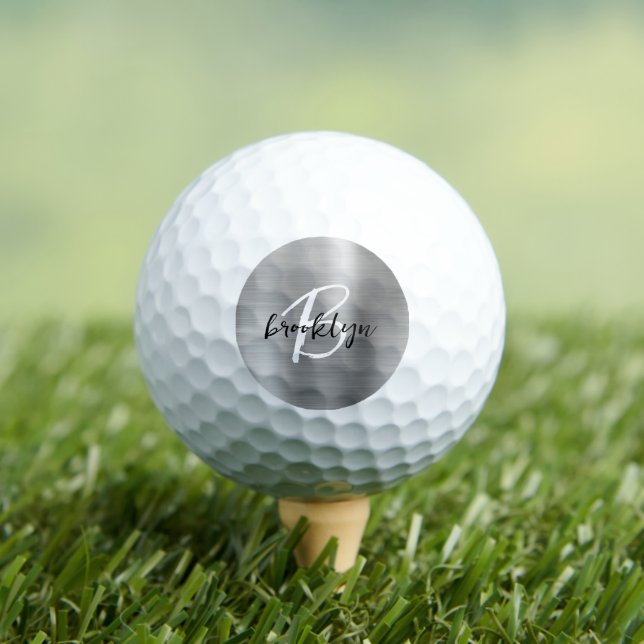 Silver Brushed Metal Black White Script Monogram  Golf Balls (Insitu Tee)