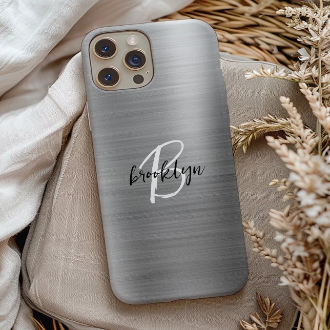 Silver Brushed Metal Black White Script Monogram  iPhone 15 Case (Creator Uploaded)