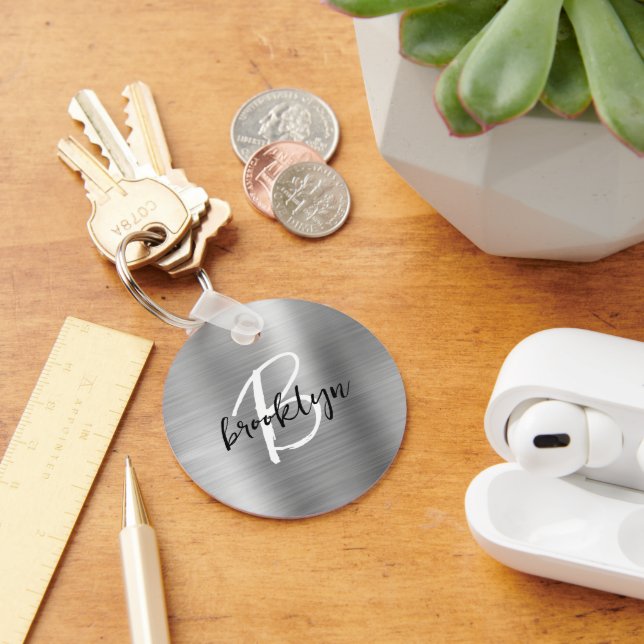 Silver Brushed Metal Black White Script Monogram  Key Ring (Desk)