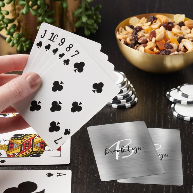 Silver Brushed Metal Black White Script Monogram  Playing Cards (In Situ)