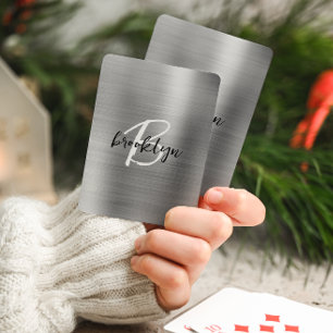 Silver Brushed Metal Black White Script Monogram Playing Cards