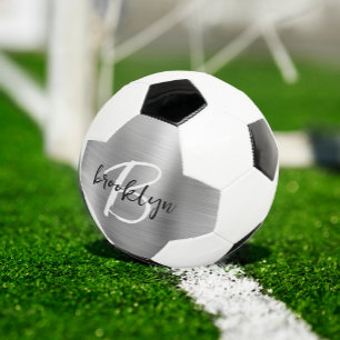 Silver Brushed Metal Black White Script Monogram Soccer Ball