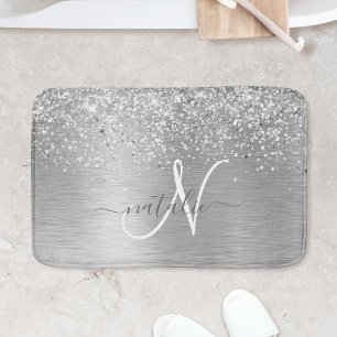 Silver Brushed Metal Glitter Monogram Name Bath Mat