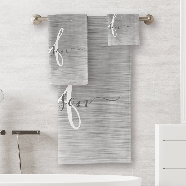 Silver Brushed Metal Glitter Monogram Name Bath Towel Set (Creator Uploaded)