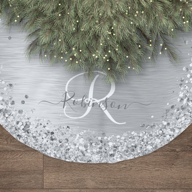 Silver Brushed Metal Glitter Monogram Name Brushed Polyester Tree Skirt (Creator Uploaded)