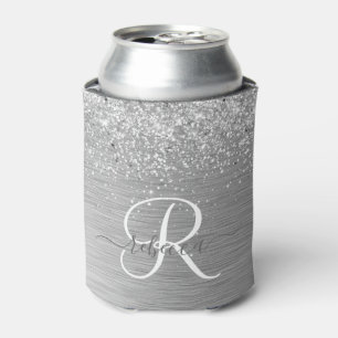 Silver Brushed Metal Glitter Monogram Name Can Cooler
