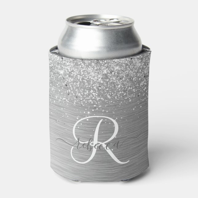 Silver Brushed Metal Glitter Monogram Name Can Cooler (Can Front)