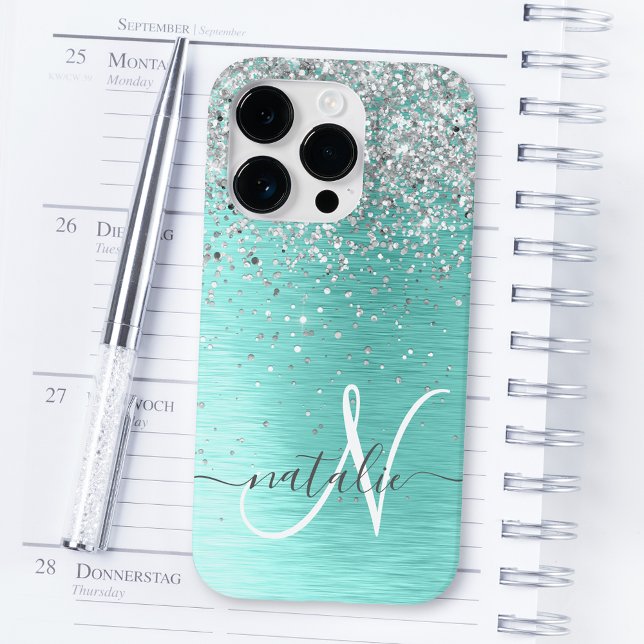 Silver Brushed Metal Glitter Monogram Name Case-Ma Case-Mate iPhone Case (Creator Uploaded)