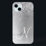 Silver Brushed Metal Glitter Monogram Name iPhone 15 Mini Case<br><div class="desc">Easily personalise this trendy chic phone case design featuring pretty silver sparkling glitter on a silver brushed metallic background.</div>