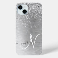 Silver Brushed Metal Glitter Monogram Name