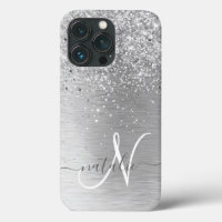 Silver Brushed Metal Glitter Monogram Name
