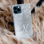 Silver Brushed Metal Glitter Monogram Name iPhone 15 Pro Case<br><div class="desc">Easily personalise this trendy chic phone case design featuring pretty silver sparkling glitter on a silver brushed metallic background.</div>