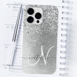 Silver Brushed Metal Glitter Monogram Name Case-Mate iPhone 14 Pro Max Case<br><div class="desc">Easily personalise this trendy chic phone case design featuring pretty silver sparkling glitter on a silver brushed metallic background.</div>