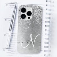 Silver Brushed Metal Glitter Monogram Name
