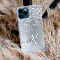 Silver Brushed Metal Glitter Monogram Name
