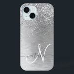Silver Brushed Metal Glitter Monogram Name iPhone 15 Case<br><div class="desc">Easily personalise this trendy chic phone case design featuring pretty silver sparkling glitter on a silver brushed metallic background.</div>