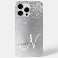 Silver Brushed Metal Glitter Monogram Name