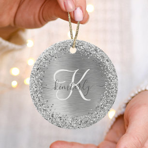Silver Brushed Metal Glitter Monogram Name Ceramic Tree Decoration