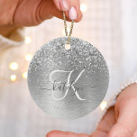 Silver Brushed Metal Glitter Monogram Name Ceramic Tree Decoration<br><div class="desc">Easily personalise this trendy ornament featuring pretty silver sparkling glitter on a silver brushed metallic background.</div>