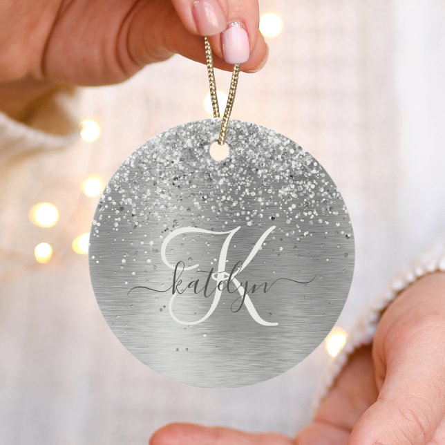 Silver Brushed Metal Glitter Monogram Name Ceramic Tree Decoration (Creator Uploaded)