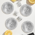 Silver Brushed Metal Glitter Monogram Name Coaster Set<br><div class="desc">Easily personalise this trendy chic coaster set design featuring pretty silver sparkling glitter on a silver brushed metallic background.</div>