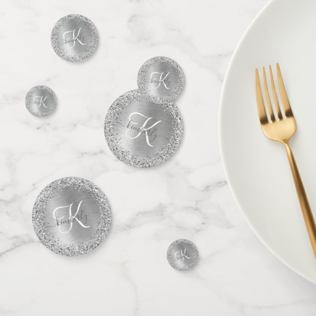 Silver Brushed Metal Glitter Monogram Name Confetti (Group)