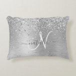 Silver Brushed Metal Glitter Monogram Name Decorative Cushion<br><div class="desc">Easily personalise this trendy accent pillow design featuring pretty silver sparkling glitter on a silver brushed metallic background.</div>