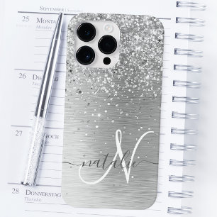 Silver Brushed Metal Glitter Monogram Name iPhone 14 Pro Max Case